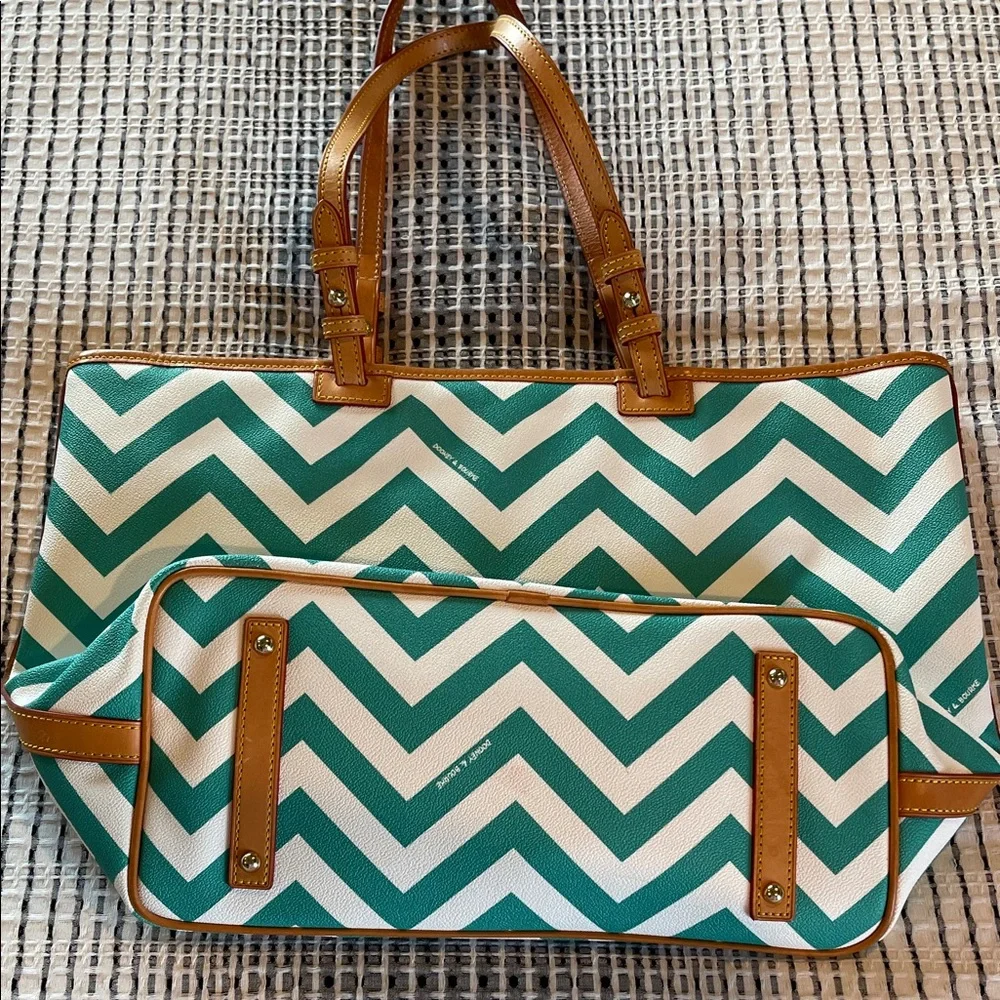 Dooney & Bourke Teal and White Chevron Leisure Shopper Tote - Picture 3 of 5